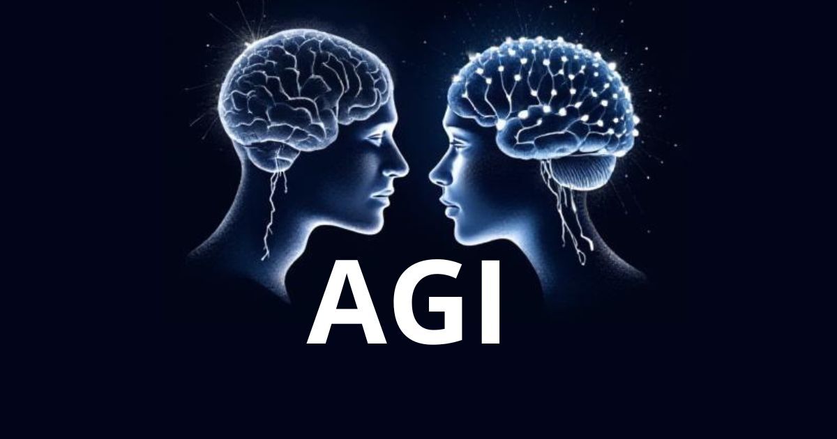 Profile of two people, brain and glowing synapses, white text AGI in between,black becground