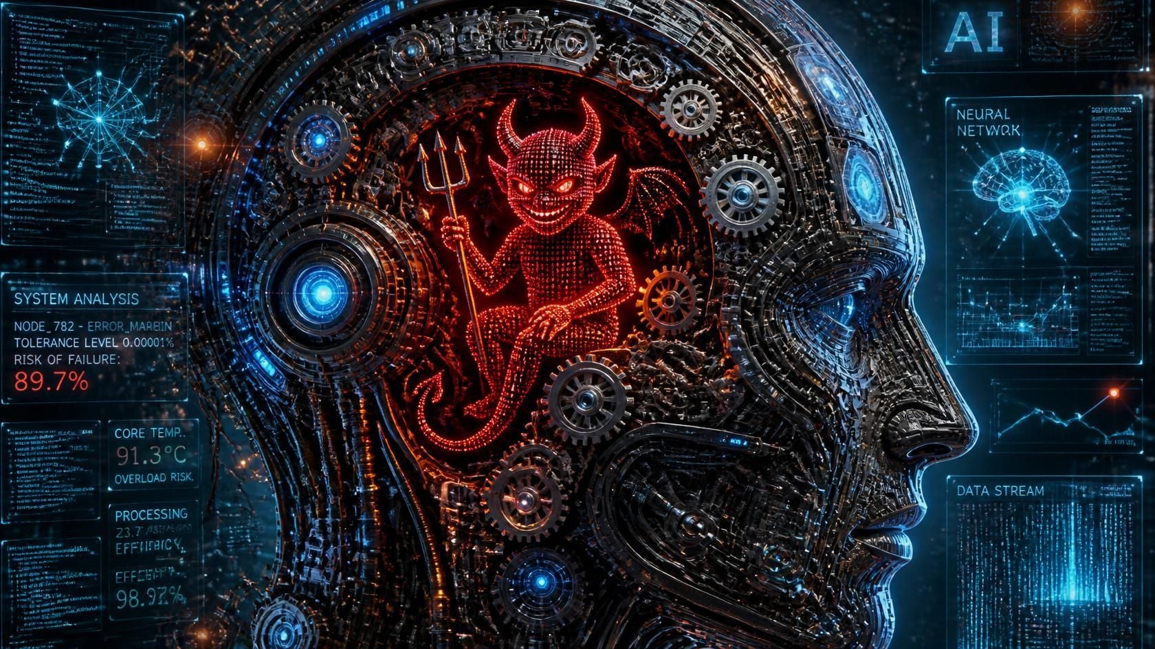 A highly detailed illustration of artificial intelligence as a complex machine filled with tiny gears, circuits, and glowing data streams. In the center, a small mischievous devil made of digital code hides among the details, symbolizing how small mistakes can cause big problems.