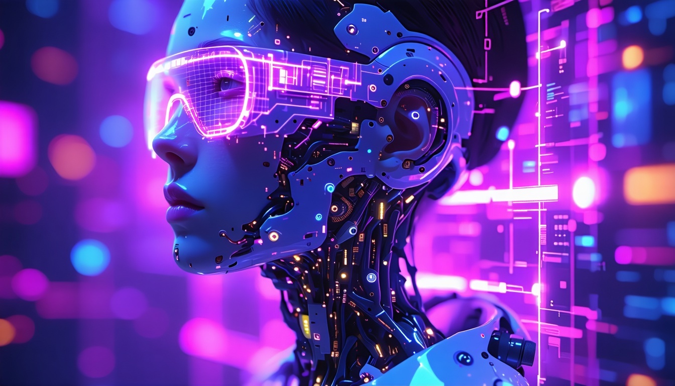 A futuristic image of a female robot wearing glasses