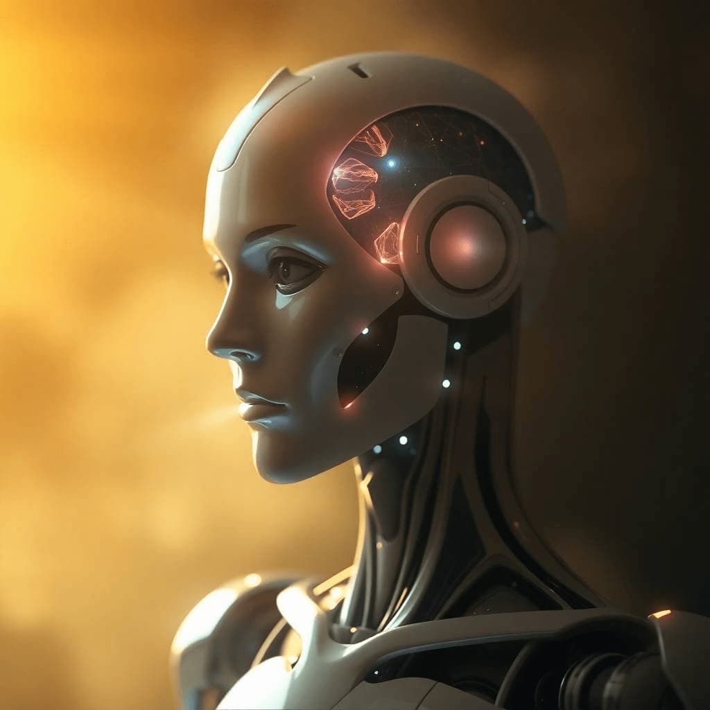 Futuristic humanoid robot creating digital content on a glowing interface, symbolizing advanced AI tools enhancing neuroscience communication.