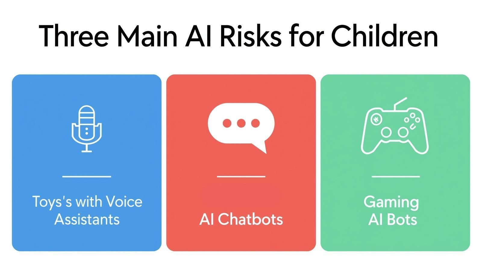Infographic showing the three main AI risks for children: AI toys, AI chatbots, and gaming bots.