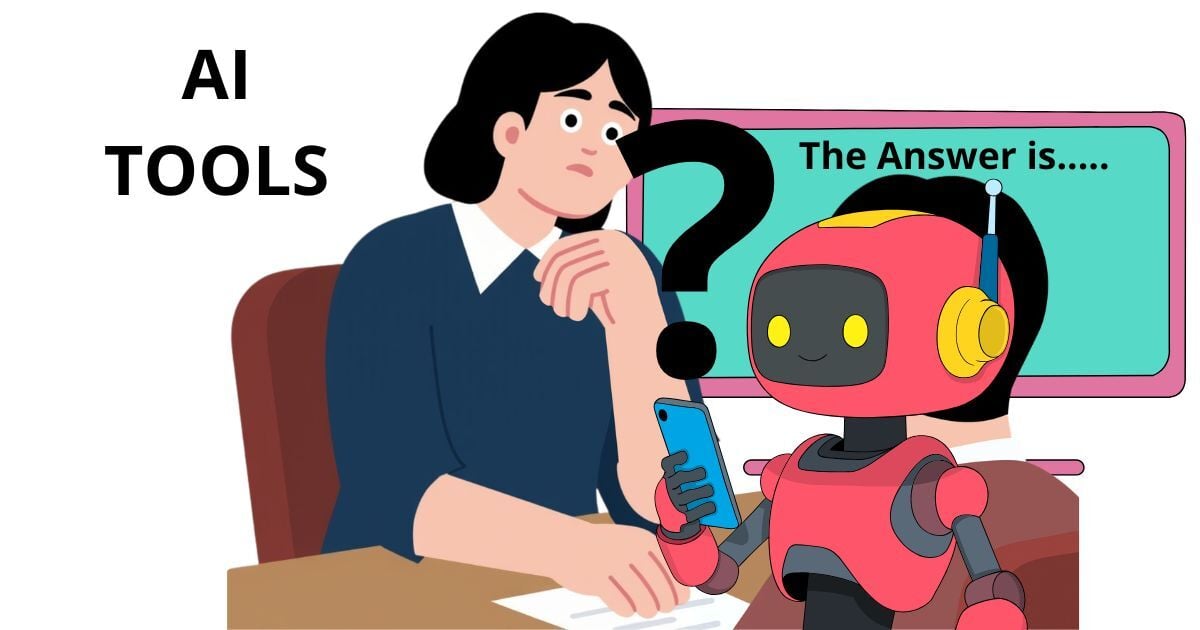 A graphic illustration of a female interviewer looking at a candidate while reading a response from a screen displaying 'the answer is'