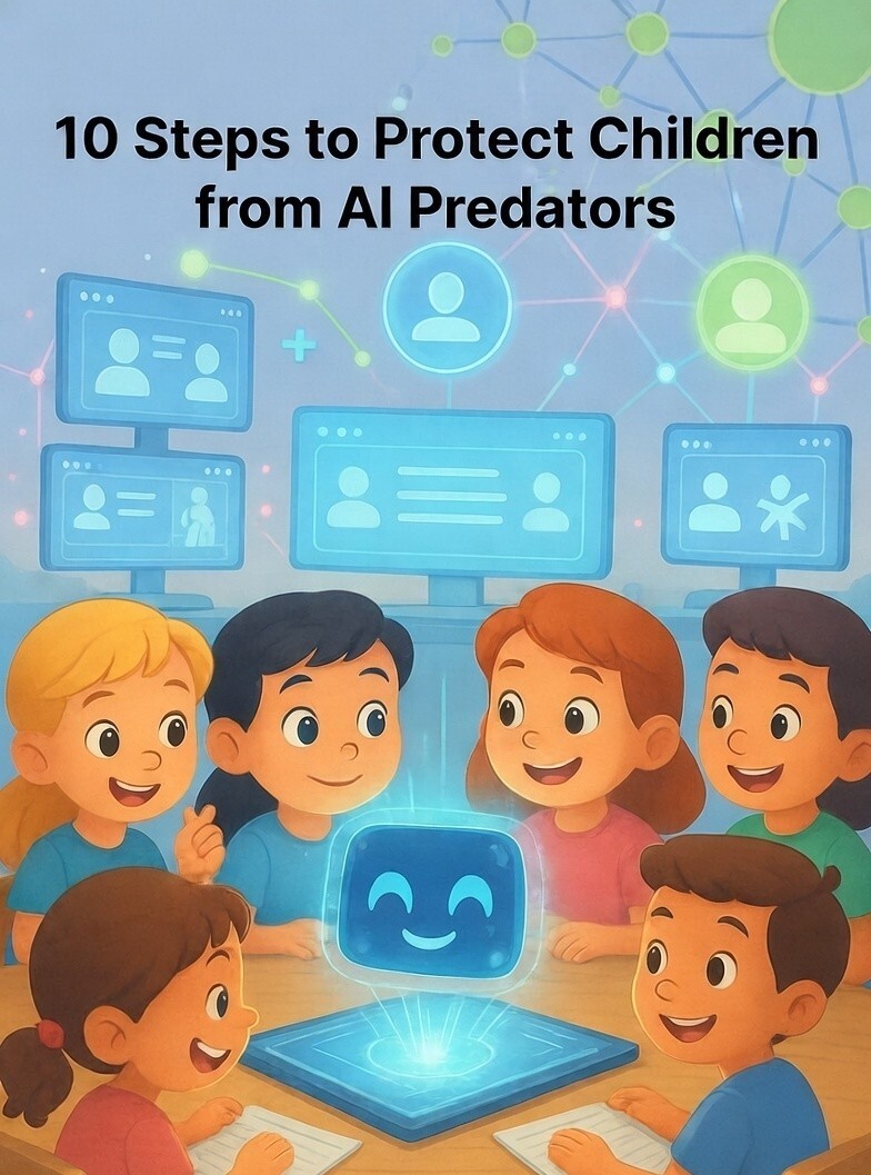 A graphic illustration showing a few young children using a digital device safely, symbolizing protection against predatory AI systems