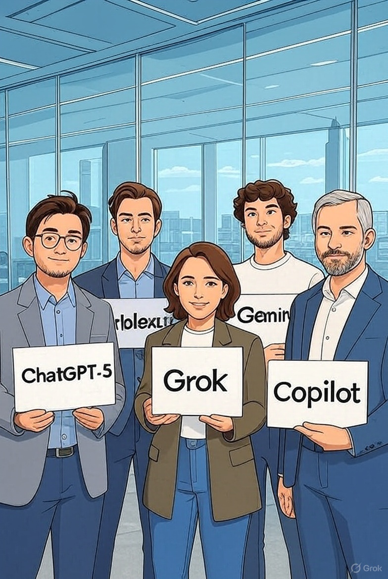 Graphic illustration of a group of people holding papers labeled Grok, ChatGPT‑5, Copilot, Gemini, and Perplexity, representing modern AI models and chatbot technologies.