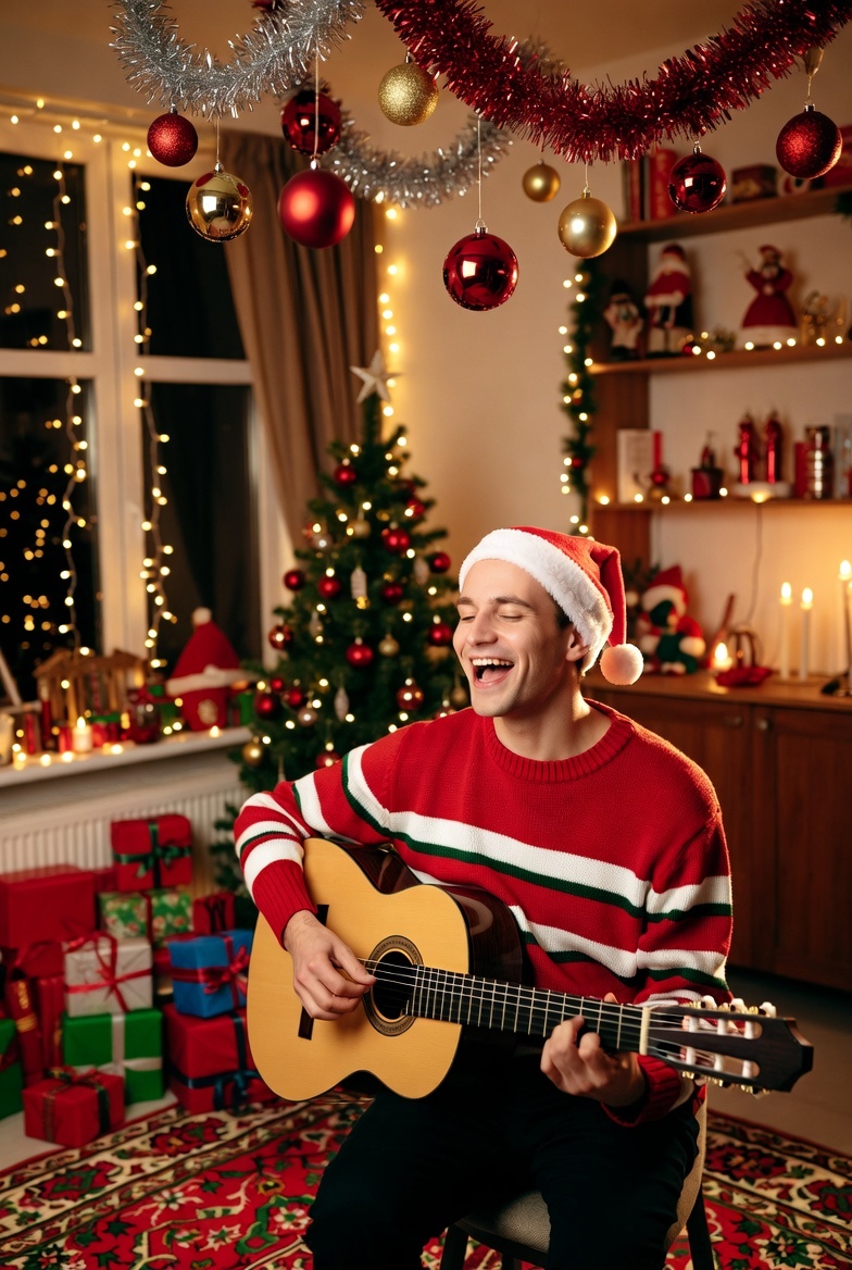 A festive Christmas image of a young man wearing a Santa hat, playing the guitar and singing, illustrating how music activates the brain
