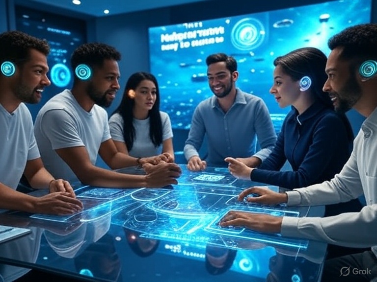 Futuristic workplace scene showing people using BCI brain–computer interface devices while working at a transparent high‑tech desk with holographic screens, representing emerging AI trends 