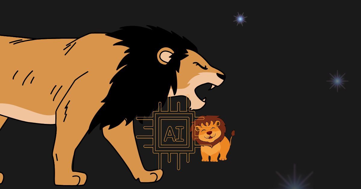 Graphic illustration of an Adult lion and fast growing cub symbolising artificial intelligence industry risks.