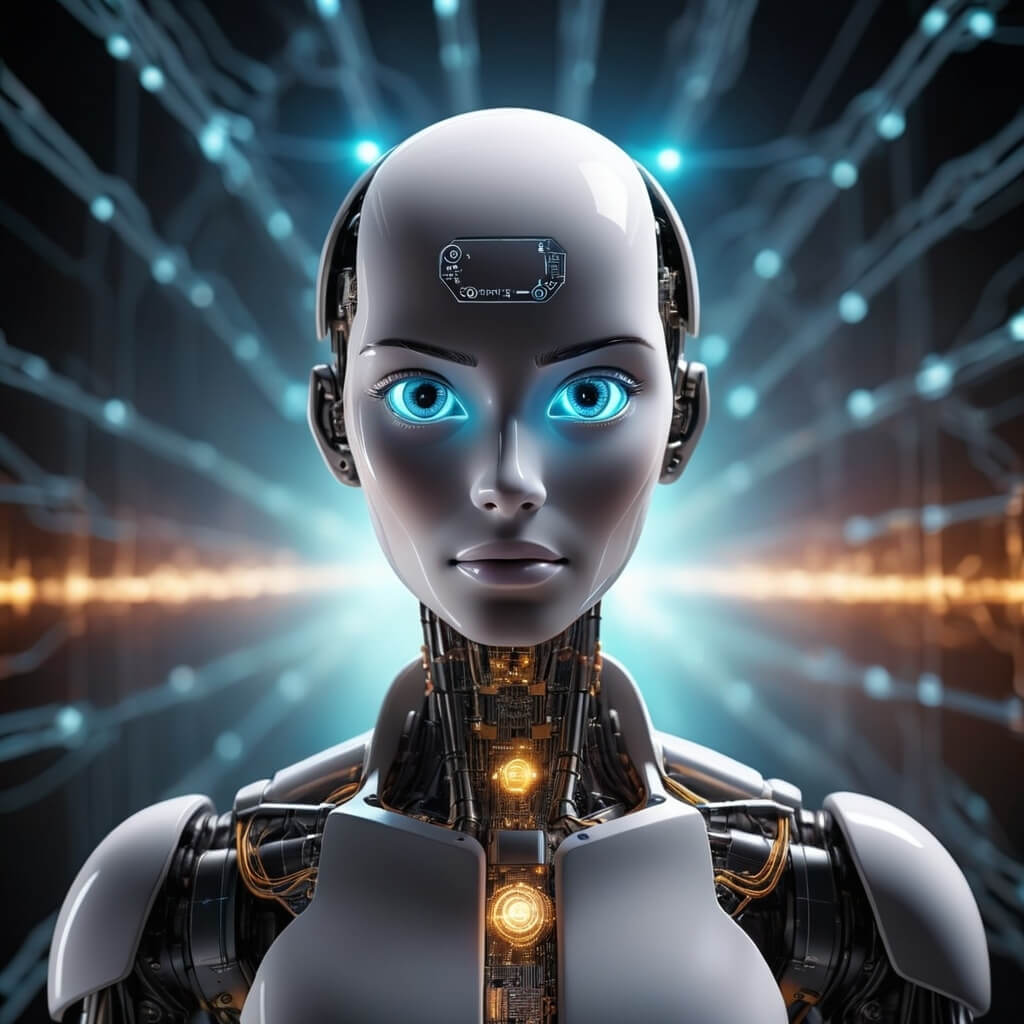 "A futuristic image of a blue-eyed female robot, symbolizing the future of technology