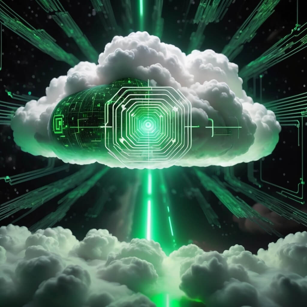 "Futuristic digital cloud with glowing green network lines and interconnected data nodes, symbolizing transparent, trustworthy and ethically aligned AI shaping the future of digital technology.