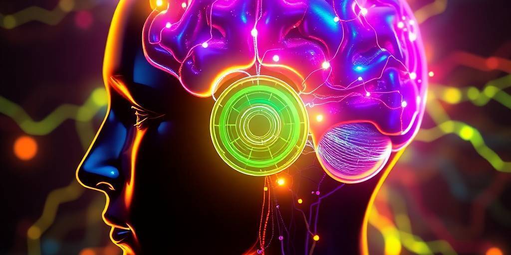 Graphic illustration of a human head with a stylized brain made of glowing synaptic connections and AI circuitry, representing the rise of synaptic AI and its impact on biomedicine